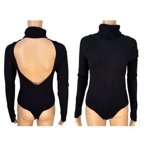 Free People Black Ribbed Open Back Turtleneck Bodysuit Women’s Size L